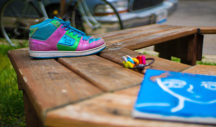 Colourful shoe on bench