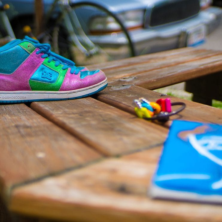 Colourful shoe on bench
