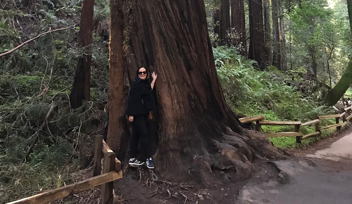 women in front of redwood tree