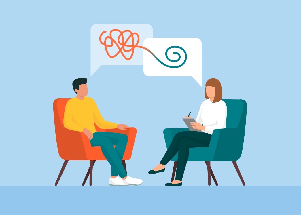 Graphic of two characters sitting and chatting