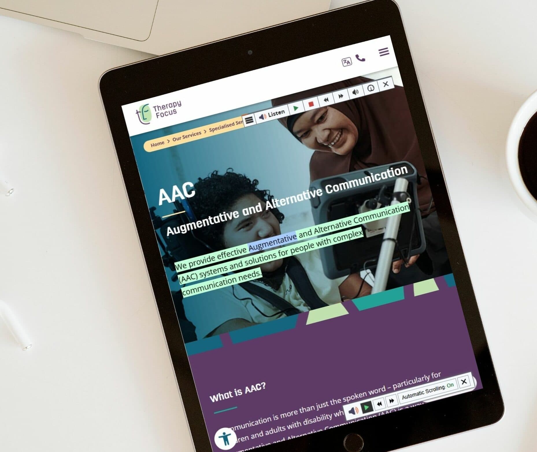 Therapy Focus website on a tablet using ReadSpeaker